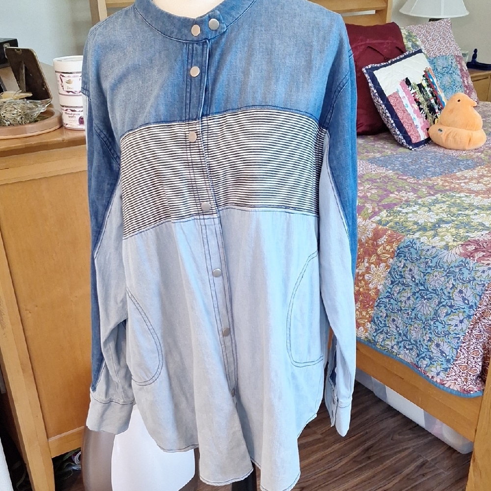 Free People Two-Tone Light Denim Button-Up Shirt with Striped Yoke